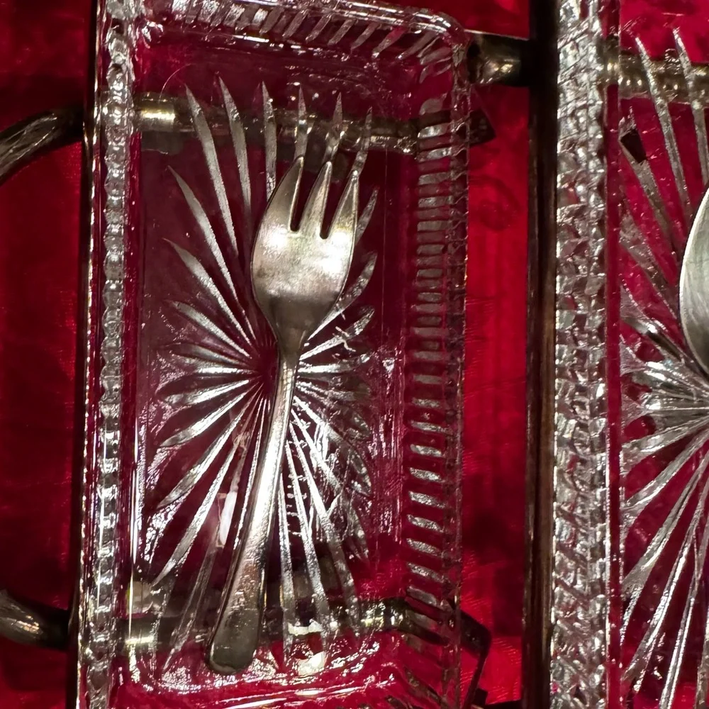 Vintage 1970 Silver platted and Clear Glass relish serving set .